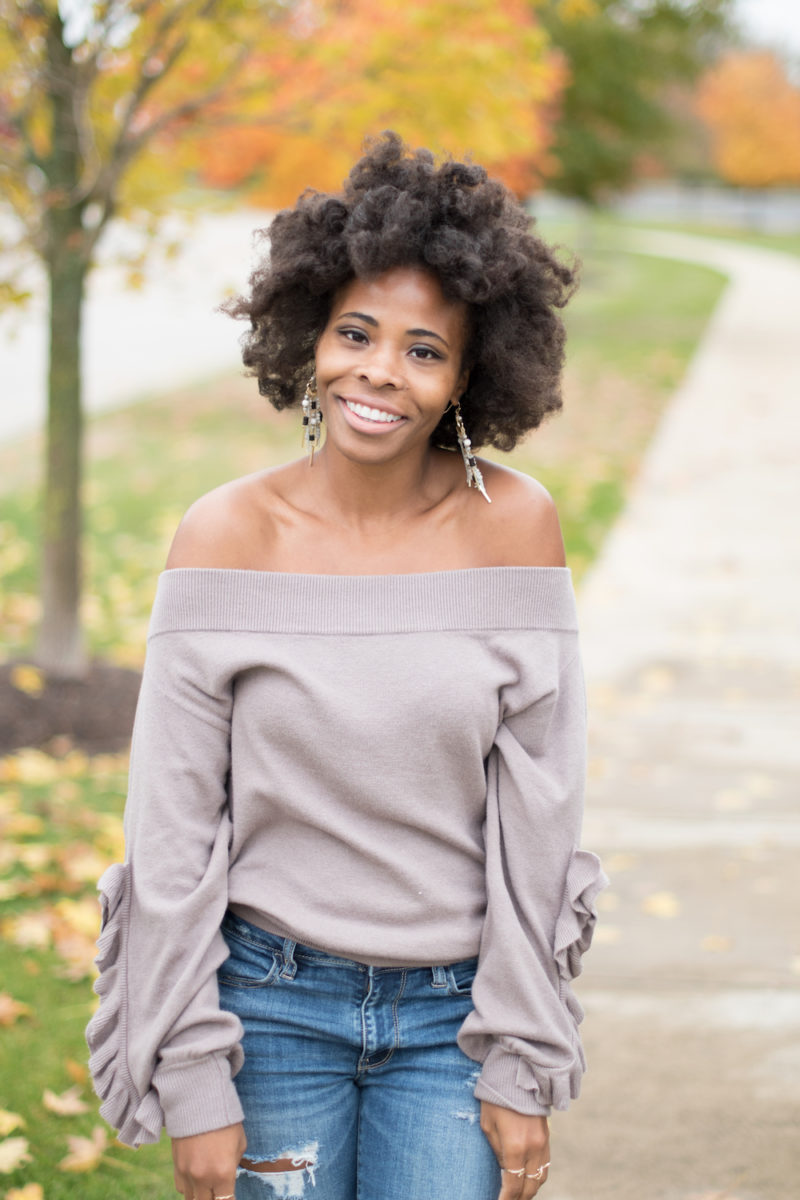 taupe off the shoulder ruffle sleeve sweater