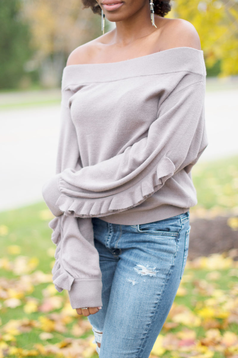 taupe off the shoulder sweater