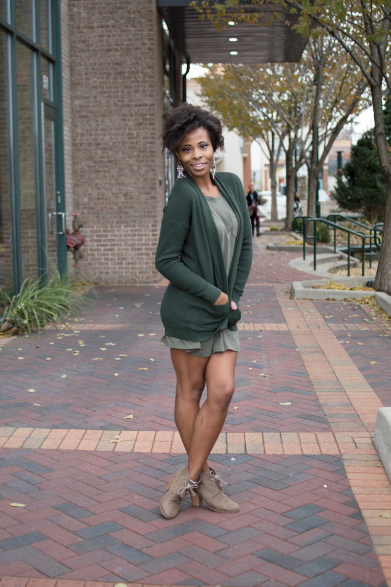 Green Cardigan on Green Knit Dress